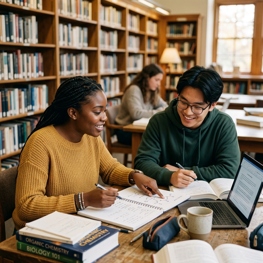 Deux étudiants qui travaillent ensemble, l'un expliquant à l'autre